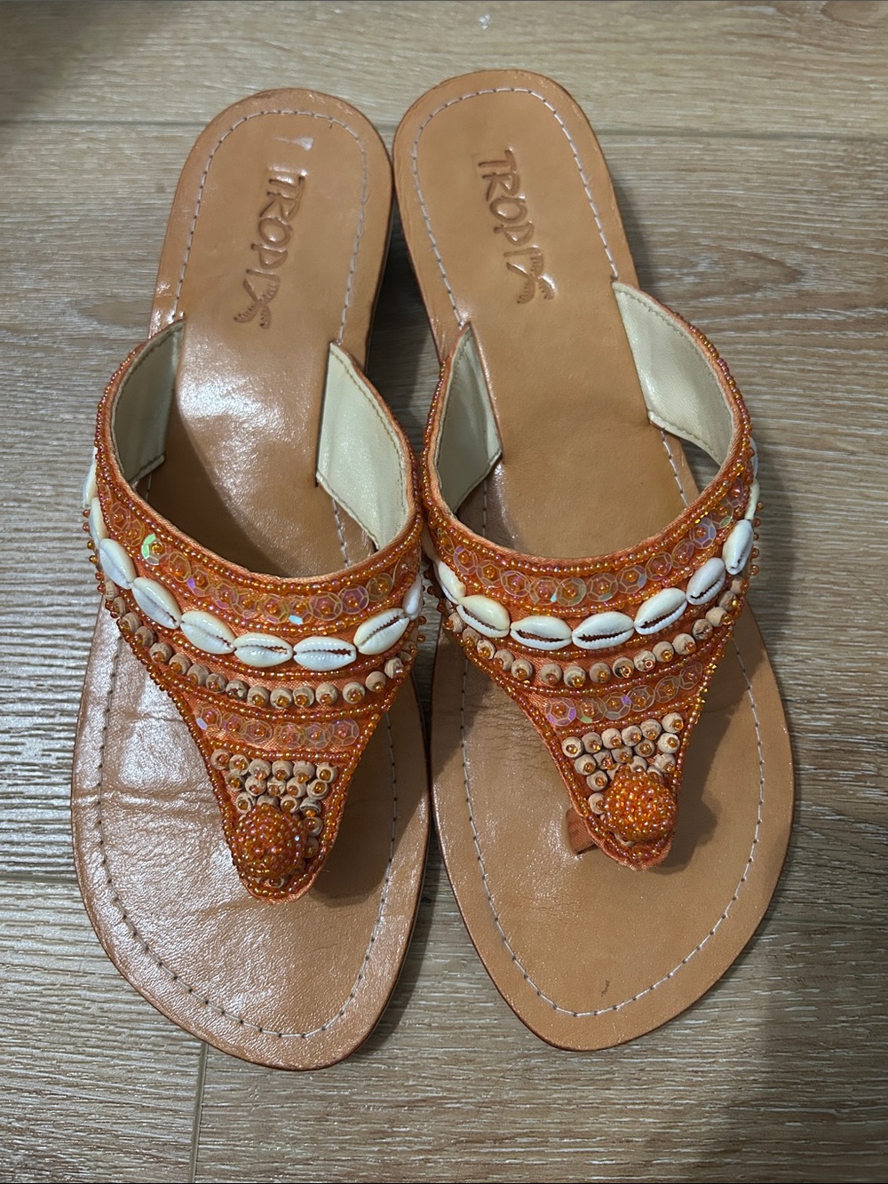 Beaded Orange Thong Sandals with Shell Accents - Women's